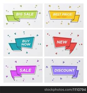 Set of flat geometric sale banner in trendy concept. Bright colors shop clearance label with confetti blast in pop art ribbon shape. Vector illustration with sale tags for special deal flyer.. Set of six flat ribbon sale tags in bright colors