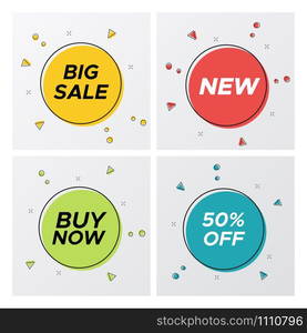 Set of flat geometric sale banner in trendy concept. Minimal vintage design round sign template with market clearance title in bright colors. Vector illustration with sale tags for store flyer. Bright geometric sale labels with particles burst