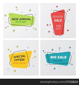 Set of flat geometric sale banner in trendy concept. Simple graphic round corners rectangle shape promo sticker with vivid colors. Vector illustration with sale tags for business promotion.. Set of round corners rectangle promo sale tags