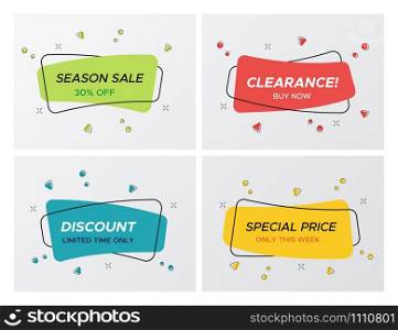 Set of flat geometric sale banner in trendy concept. Bright colors label with price discount title in round corners rectangle. Vector illustration with sale tags for store advertising, online business. Confetti blast rectangle promo sale tag collection