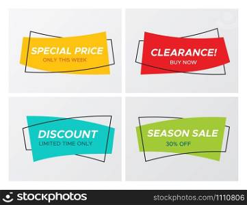Set of flat geometric sale banner in trendy concept. Hipster graphic rectangle shape promo sticker with shop offer title and vivid colors. Vector illustration with sale tags for store special deal.. 4 trendy flat sale vivid colors rectangle stickers
