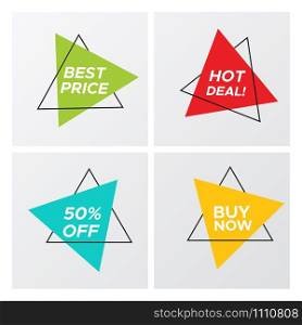 Set of flat geometric sale banner in trendy concept. Vintage design triangle sign template with promo offer title in bright colors. Vector illustration with sale tags for web advertising or best deal. 4 trendy vivid colors triangle flat sale stickers