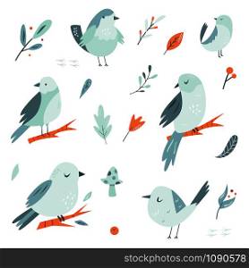 Set of flat hand drawn doodle birds in blue tones. Vector illustration. For greetings, birthday cards, patterns, prints. Set of flat hand drawn doodle birds in blue tones.
