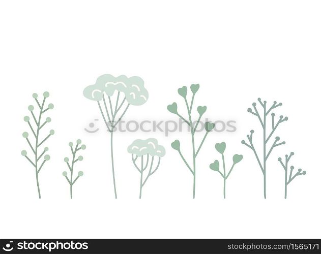 Set of flat hand drawn herb, twig and grass. Elements of the lagoon decor. Vector gently drawn objects for cards, invitations, pin, stickers and your creativity.. Set of flat hand drawn herb, twig and grass. Elements of the lagoon decor. Vector gently drawn objects