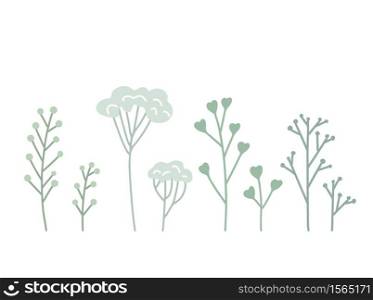 Set of flat hand drawn herb, twig and grass. Elements of the lagoon decor. Vector gently drawn objects for cards, invitations, pin, stickers and your creativity.. Set of flat hand drawn herb, twig and grass. Elements of the lagoon decor. Vector gently drawn objects