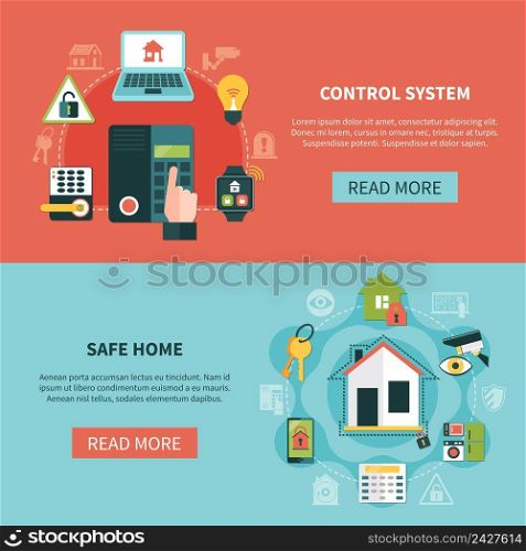 Set of flat horizontal banners with safe home and control system at electronic devices isolated vector illustration. Safe Home Horizontal Banners
