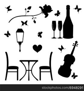 Set of flat icons for romantic evening.. Set of flat icons for romantic evening. Small table with chairs, violin, rose, bottle of wine with glasses, lantern, butterflies.