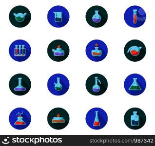 set of flat icons - laboratory flasks, measuring cup and test tubes for diagnosis, analysis, scientific experiment. Chemical lab and equipment. Isolated vector objects or signs with long shadows in line style on white background. Laboratory Flasks Icon Set