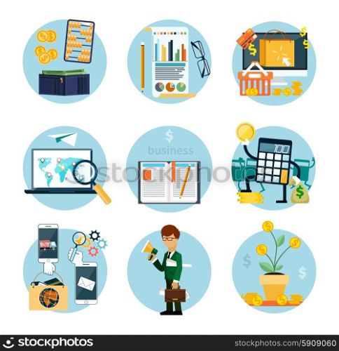 Set of flat icons of earnings, accounts, transport and market analysis, online business, documents, e-mail, idea, start up, analysis, meeting, performance, investment, marketing
