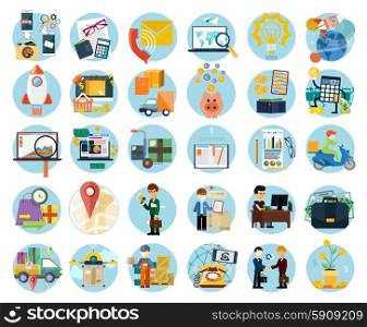 Set of flat icons of earnings, accounts, transport and market analysis, online business, documents, e-mail, idea, start up, delivery of goods, analysis, meeting, performance, investment, marketing