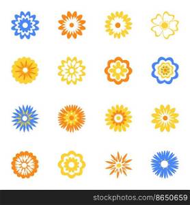 Set of flat icons of multicolored decorative flowers isolated on white. Cute bright flowers for stickers, postcards, banners,. Set of flat icons of multicolored decorative flowers isolated on white. Cute bright flowers for stickers, postcards, banners, business cards