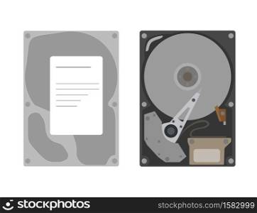 Set of flat illustration Hard Disk Drive. Isolated on white background. HDD top view. Vector technological objects for icon, mobile app, banner and your web design.. Set of flat illustration Hard Disk Drive. Isolated on white background. HDD top view. Vector technological objects