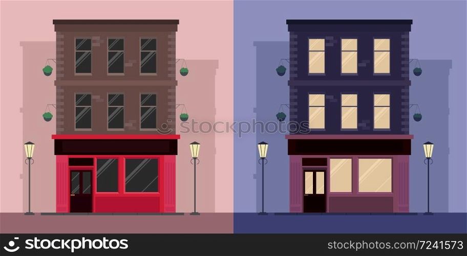 Set of flat illustrations by Irish pub day and night. Vector illustration for your creativity.. Set of flat illustrations by Irish pub day and night.