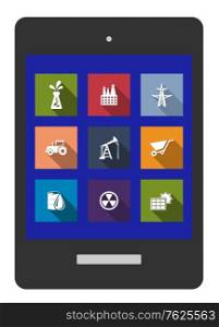 Set of flat industrial icons of oil, factory, electricity pylon, tractor, mining, drilling, wheelbarrow, crude oil, radioactivity and solar panel on a tablet screen