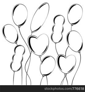 Set of flat isolated white silhouettes of balloons of different shapes on a white background with black . Simple flat vector illustration. Suitable for design, advertising, holidays, cards.
