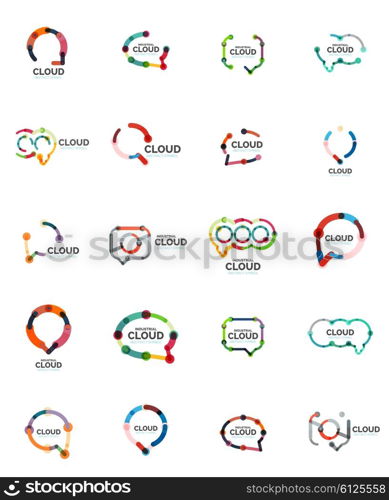 Set of flat linear design speech cloud logos. Talk bubbles, modern geometric industrial thin line icons. Vector