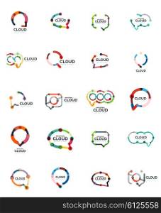 Set of flat linear design speech cloud logos. Talk bubbles, modern geometric industrial thin line icons. Vector