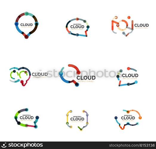 Set of flat linear design speech cloud logos. Talk bubbles, modern geometric industrial thin line icons. Vector