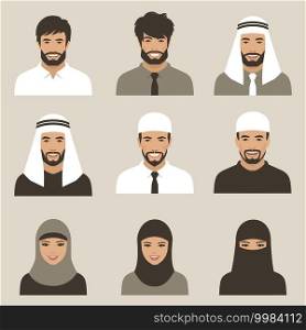 set of flat muslim avatars, vector arab people icon,  saudi characters