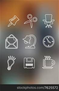 Set of flat office icons including a thumb tack, scissors, chair, mail, lamp, clock, light bulb, floppy disk and a cup of tea for web design