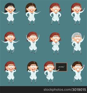 Set of flat scientist women icons. Vector image of the Set of flat scientist women icons