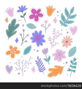 Set of flat Spring flower icons in silhouette isolated on white. Cute retro illustrations in bright colors for stickers. Set of flat Spring flower icons in silhouette isolated on white. Cute retro illustrations in bright colors for stickers, labels, tags, scrapbooking.