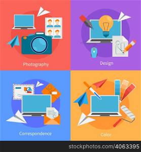 Set of flat square design concept icons for correspondence and photography services vector illustration . Set Of Flat Square Design Concept Icons