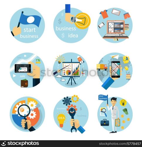 Set of flat style icons for business strategy, development, startup, e-commerce, logistics on white background