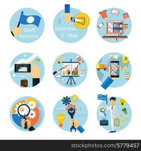 Set of flat style icons for business strategy, development, startup, e-commerce, logistics on white background