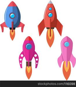 Set of flat style rocket illustrations isolated on white background. Design element for banner, emblem, motion design. Vector illustration