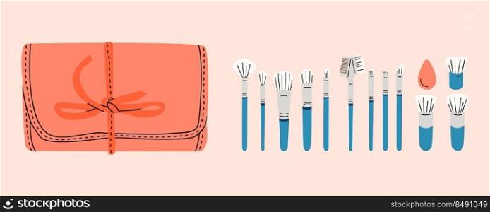 Set of flat Tools and instruments for application of makeup, different brushes with organizer, cosmetology and beauty, beautician salon. Professional make-up concealer powder blush eyeshadow brush. 