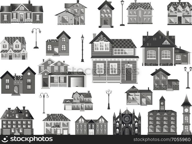 Set of flat town houses and buildings, clip-art in grayscale.