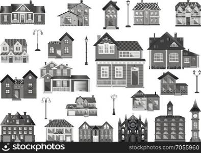 Set of flat town houses and buildings, clip-art in grayscale.