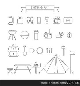 Set of flat vector camping equipment symbols and icons. . Set of flat colorful vector camping equipment symbols and icons.