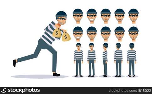 Set of Flat Vector Character illustration, A man is a Thief , various views, Cartoon style.