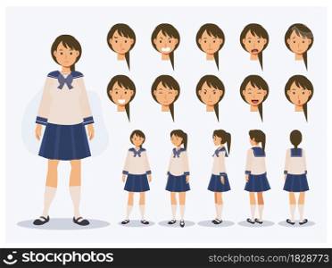 Set of Flat Vector Character Japanese student girl in uniform with various views, Cartoon style.