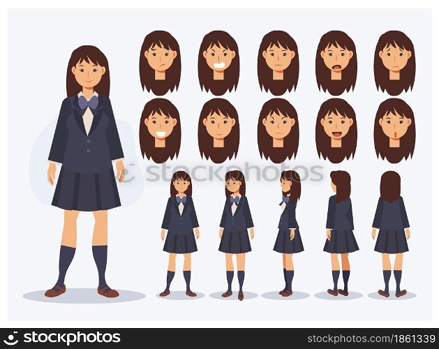 Set of Flat Vector Character Japanese student girl in uniform with various views, Cartoon style.