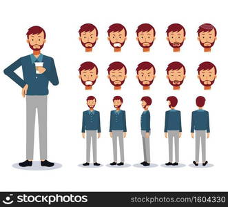 Set of Flat Vector Character man wear casual clothing with various views, Cartoon style.