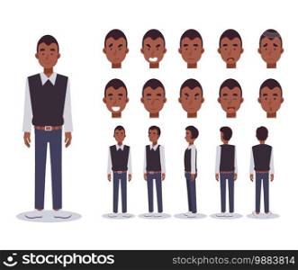 Set of Flat Vector Character man wear casual clothing with various views, Cartoon style.