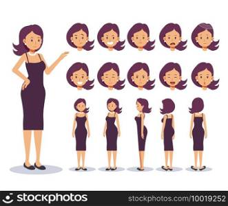 Set of Flat Vector Character woman wear casual clothing with various views, Cartoon style.