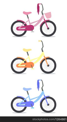 Set of flat vector illustrations of children&rsquo;s bicycles . Set of flat illustrations of children&rsquo;s bicycles