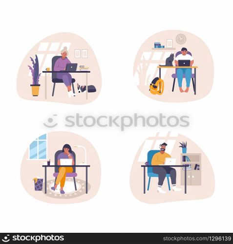 Set of flat vector illustrations - people sitting at desk with laptops and working at home. Remote job illustration concept- trending working from home idea. Work online around the globe. Set of flat vector illustrations - people sitting at desk with laptops and working at home. Remote job illustration concept- trending working from home idea.
