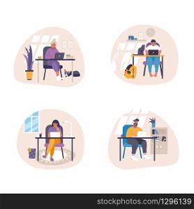Set of flat vector illustrations - people sitting at desk with laptops and working at home. Remote job illustration concept- trending working from home idea. Work online around the globe. Set of flat vector illustrations - people sitting at desk with laptops and working at home. Remote job illustration concept- trending working from home idea.