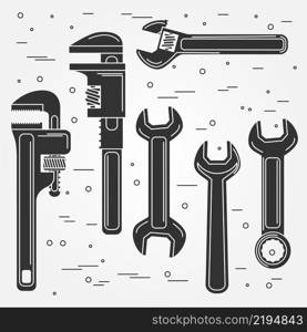 Set of flat wrench icon. Vector illustration. Silhouettes of tools. Set include Adjustable, Pipe and Gear Wrenches.. Set of flat wrench icon. Vector illustration.