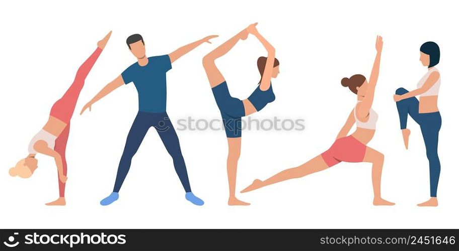Set of flexible people in various positions. Group of female and male flat vector cartoon characters on white background. Can be used for advertisement, promo, sport training. Set of flexible people in various positions