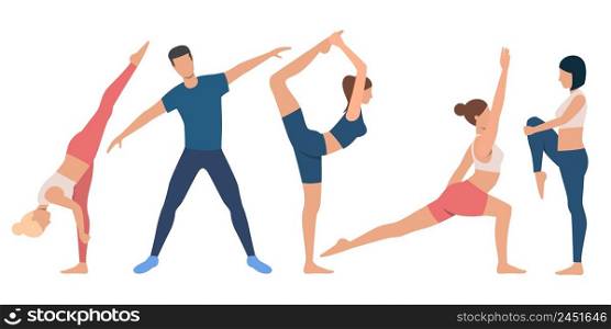 Set of flexible people in various positions. Group of female and male flat vector cartoon characters on white background. Can be used for advertisement, promo, sport training. Set of flexible people in various positions