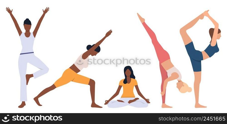 Set of flexible women practicing yoga. Crowd of female cartoon characters doing exercises. Vector illustration for presentation, sport, activity. Set of flexible women practicing yoga