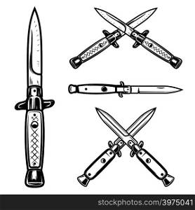 Set of flick knives. Design element for logo, label, emblem, sign. Vector illustration