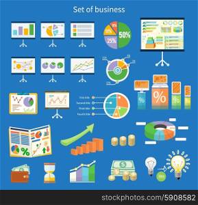 Set of flip chart with drawing business charts. Tripod stand with charts and parameters. Business concept of analytics in flat design style. Set of flip chart with drawing business charts