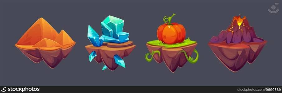 Set of floating island platforms for game ui isolated on black background. Vector cartoon illustration of flying pieces of land with sandy pyramids, diamond crystals, farm pumpkin, volcano eruption. Set of floating island platforms for game ui